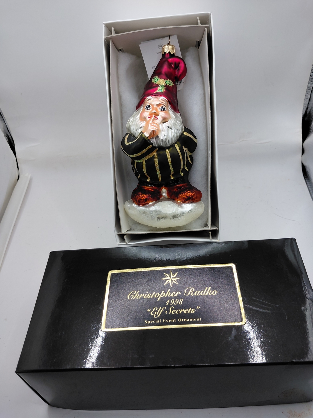NIB Christopher Radko Red-Hat Elf Secrets Glass Ornament